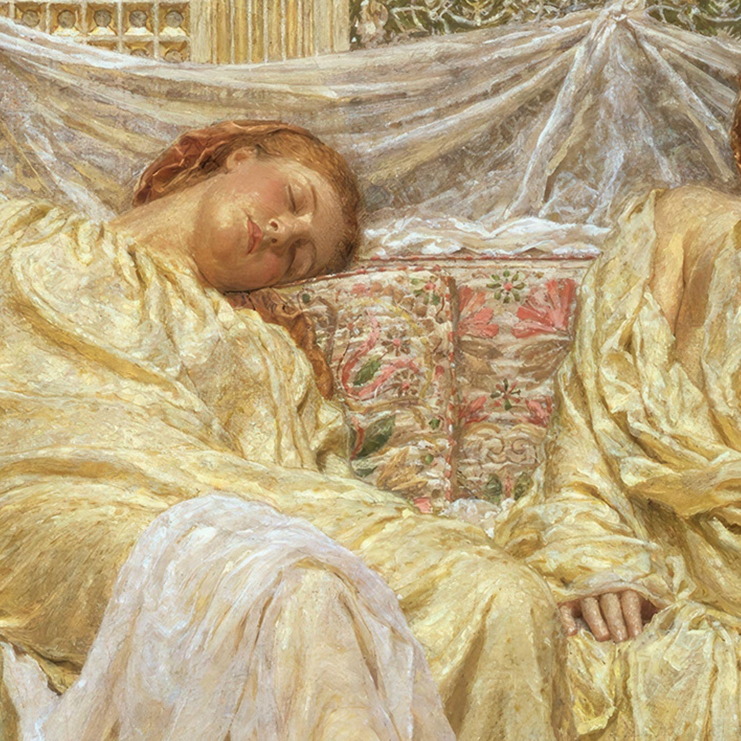 Painting of a woman in a yellow dress lying on a bed with intricate bedding.