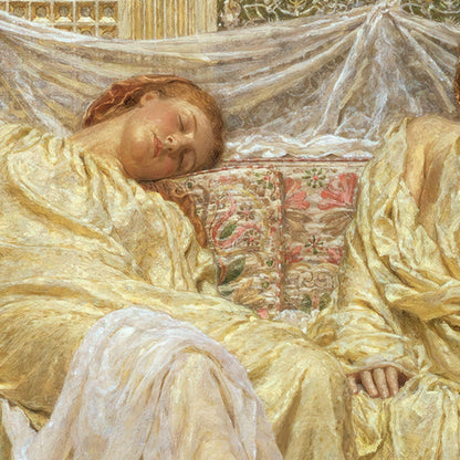 Painting of a woman in a yellow dress lying on a bed with intricate bedding.