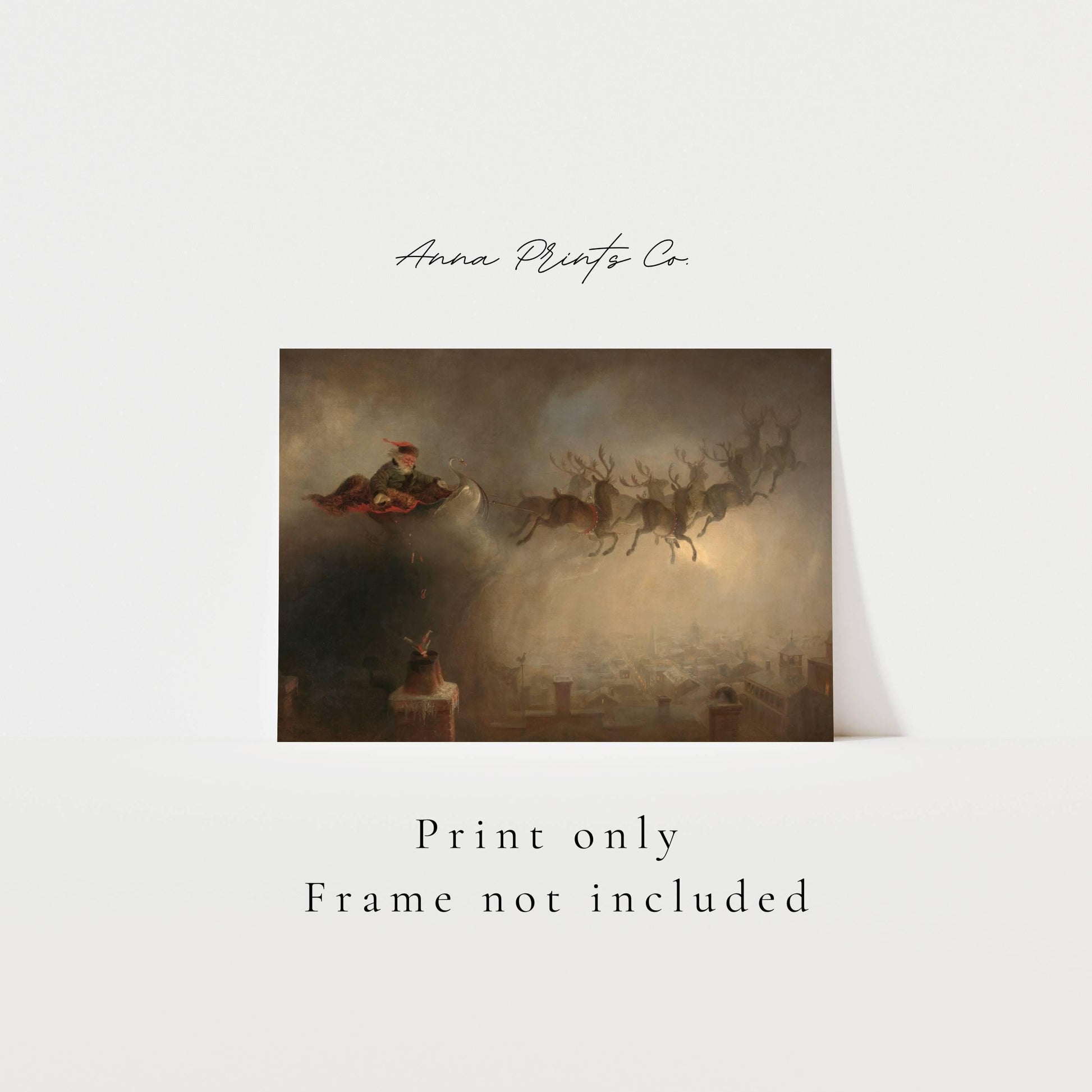 Vintage art print of Santa Claus Christmas Artwork with text overlay stating frame not included