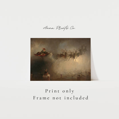 Vintage art print of Santa Claus Christmas Artwork with text overlay stating frame not included