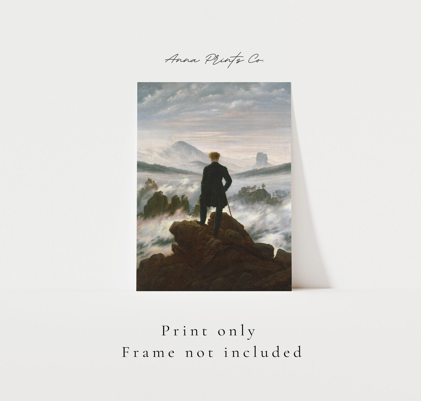 Vintage art print of Wanderer above the Sea of Fog with text overlay stating frame not included