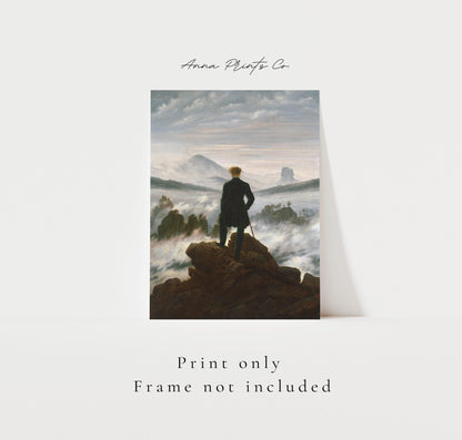 Vintage art print of Wanderer above the Sea of Fog with text overlay stating frame not included