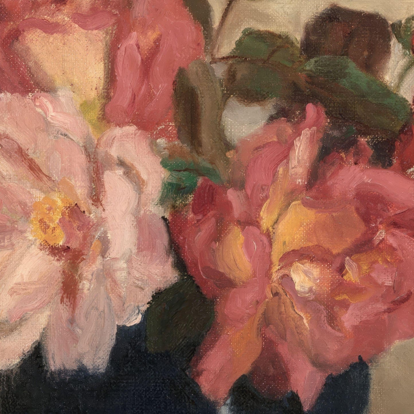 Close-up of pink flowers with green leaves in a dark vase, impressionistic style.