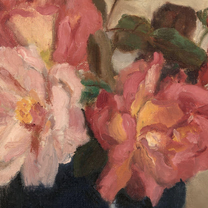 Close-up of pink flowers with green leaves in a dark vase, impressionistic style.