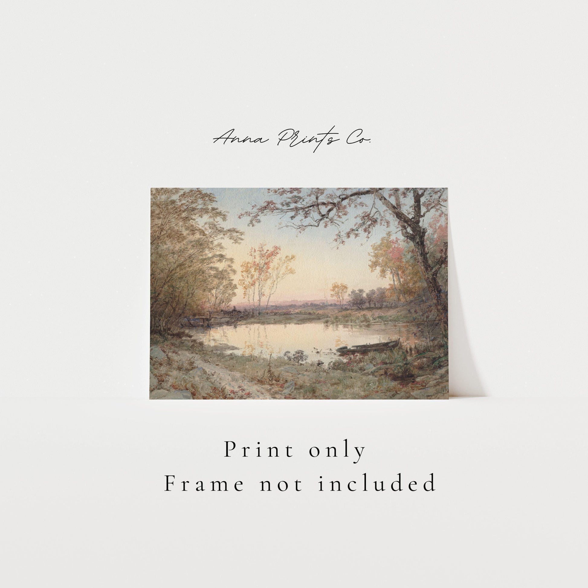 Vintage art print of Autumn Forest Pond Landscape with text overlay stating frame not included