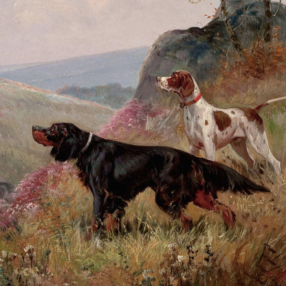 Two dogs in a natural landscape with rolling hills and trees.