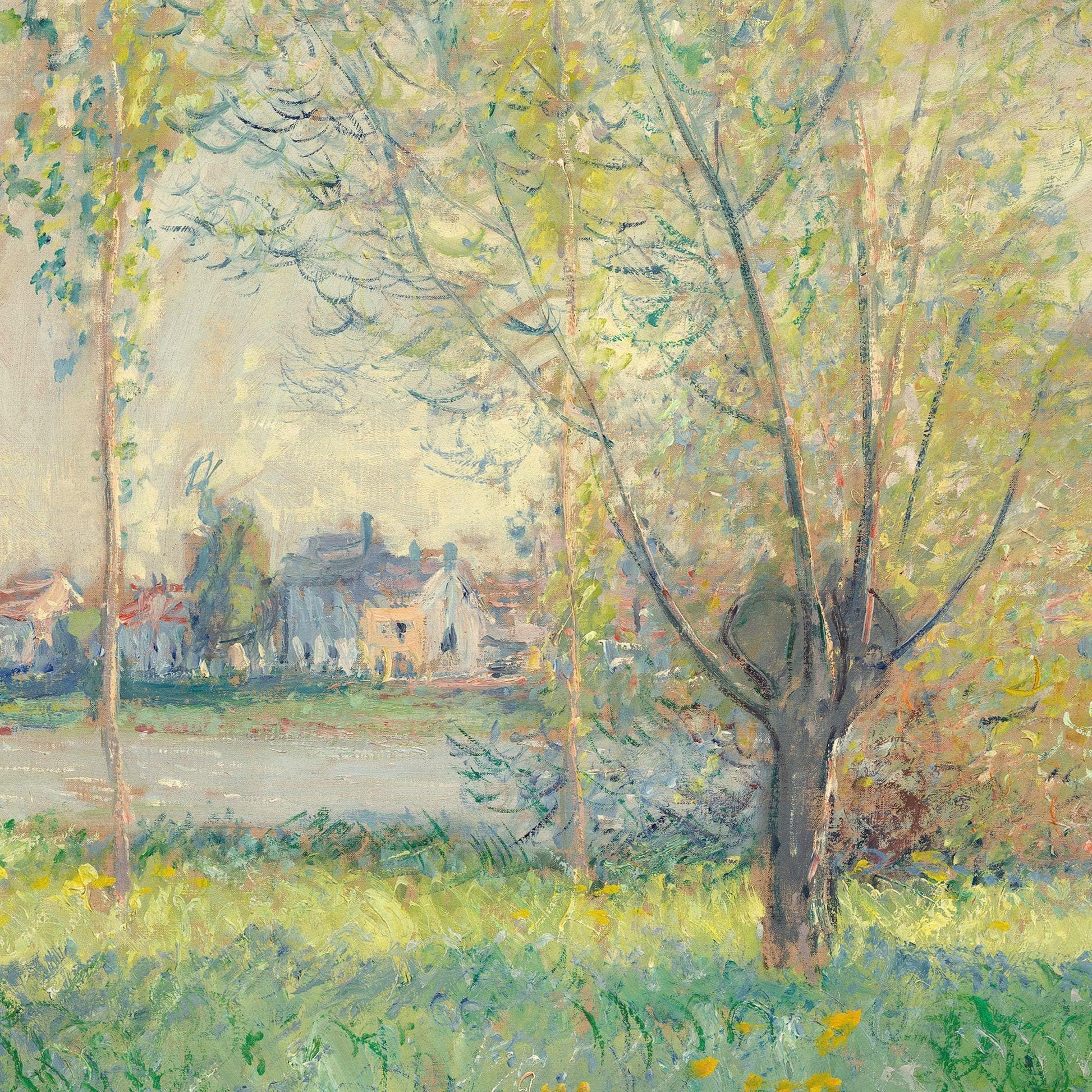 Painting of a landscape with trees and buildings in the background