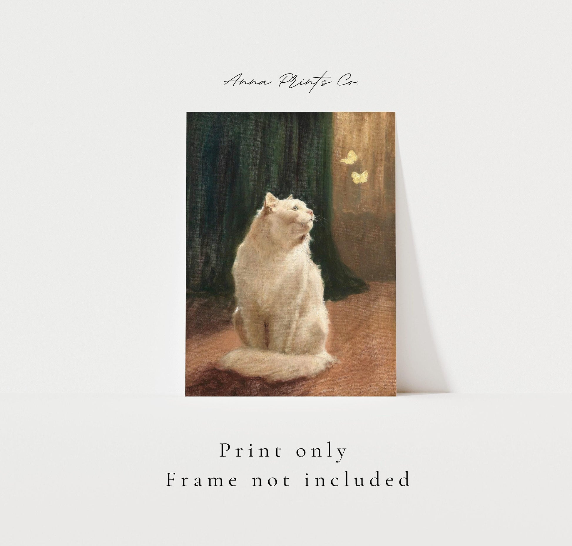 Vintage art print of White Cat Animal Artwork with text overlay stating frame not included