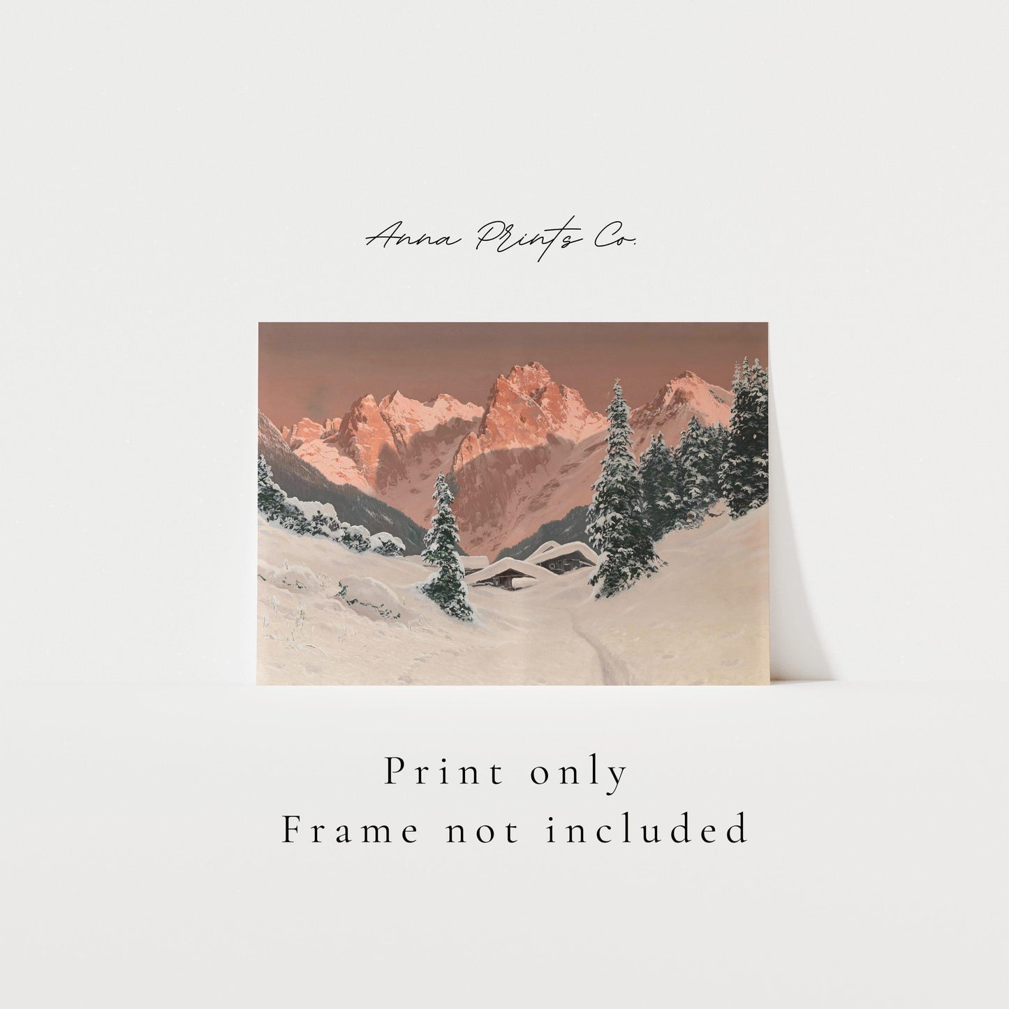 Vintage art print of Sunset in the Kaisertal Winter Scene with text overlay stating frame not included