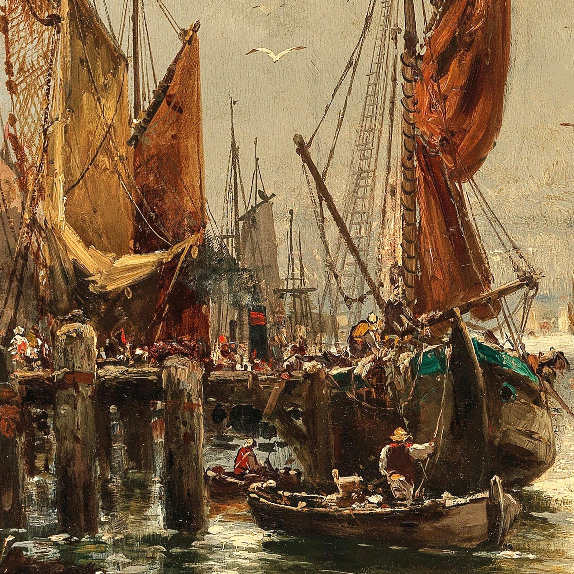 Painting of a bustling harbor with ships and people.