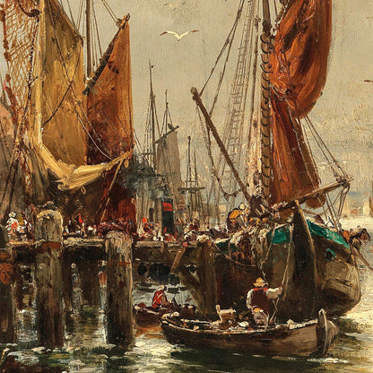 Painting of a bustling harbor with ships and people.