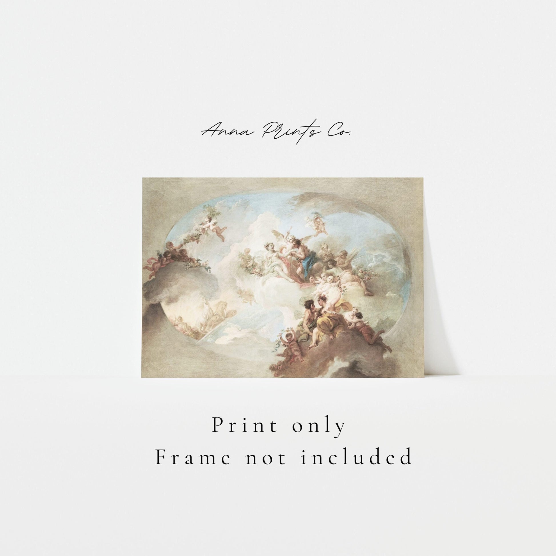 Vintage art print of Roman Mythology Painting with text overlay stating frame not included