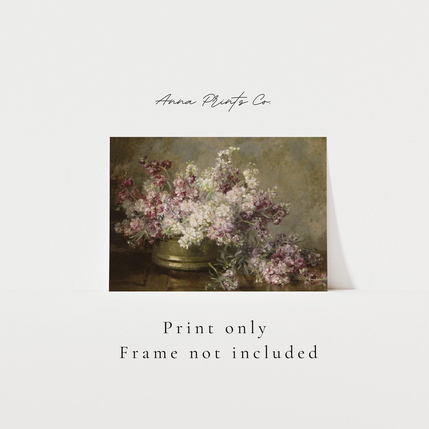 Vintage art print of Bowl with Flowers Still Life Painting with text overlay stating frame not included