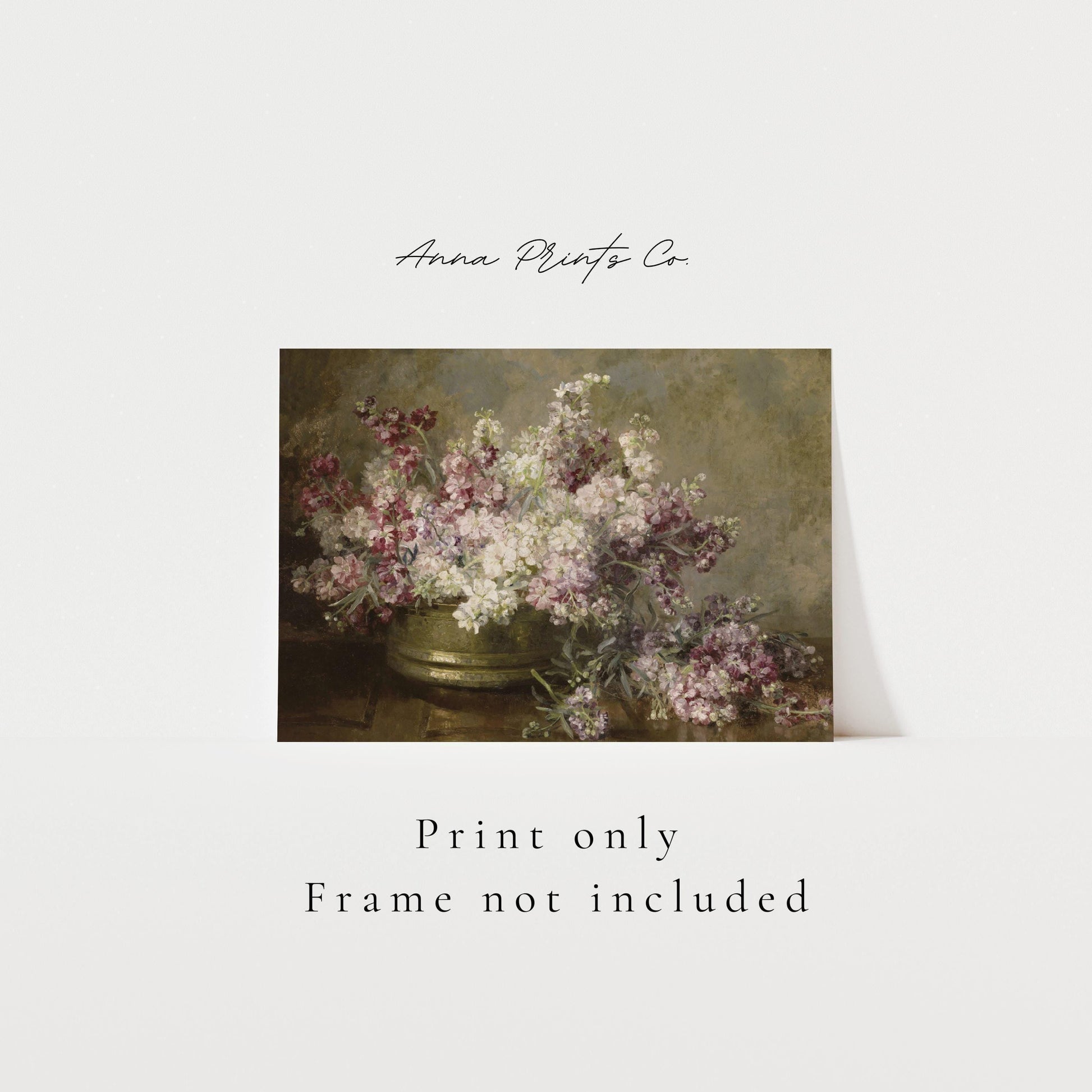 Vintage art print of Bowl with Flowers Still Life Painting with text overlay stating frame not included