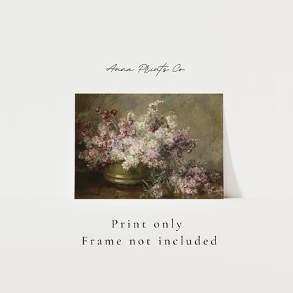 Vintage art print of Bowl with Flowers Still Life Painting with text overlay stating frame not included
