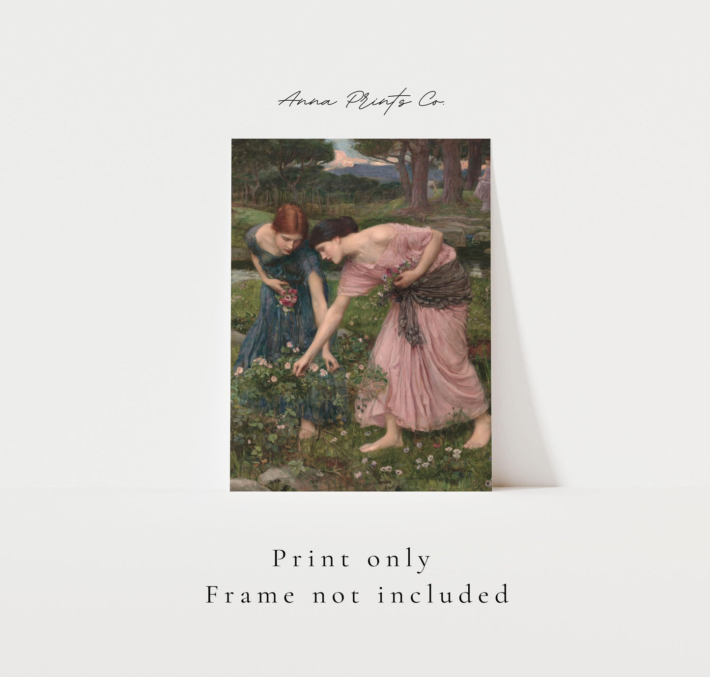 Vintage art print of Gather Ye Rosebuds by Waterhouse with text overlay stating frame not included