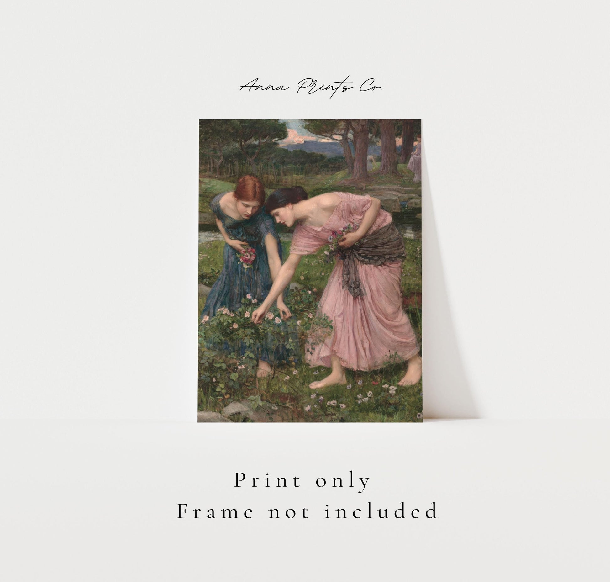 Vintage art print of Gather Ye Rosebuds by Waterhouse with text overlay stating frame not included
