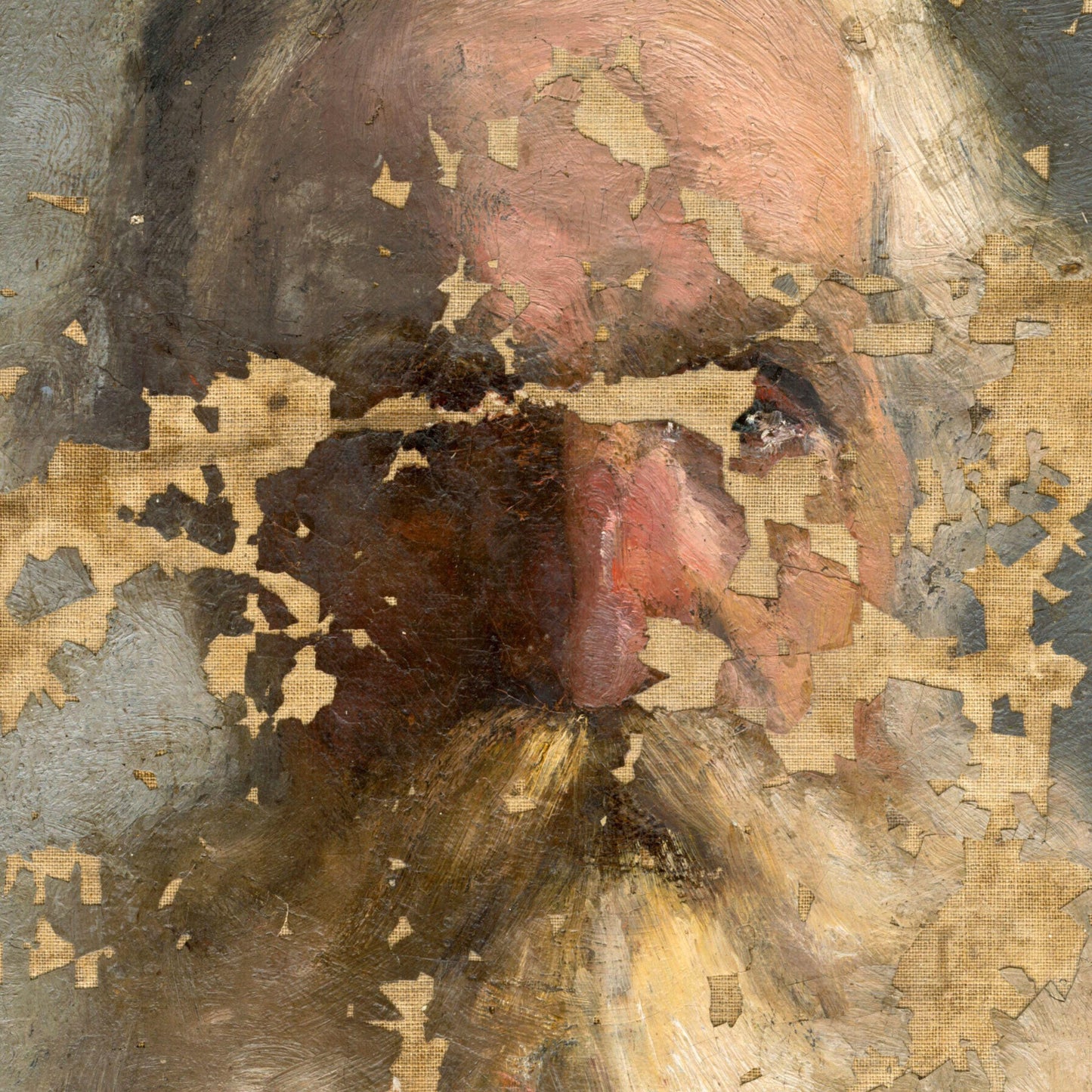 Fragmented portrait painting with visible wear and tear