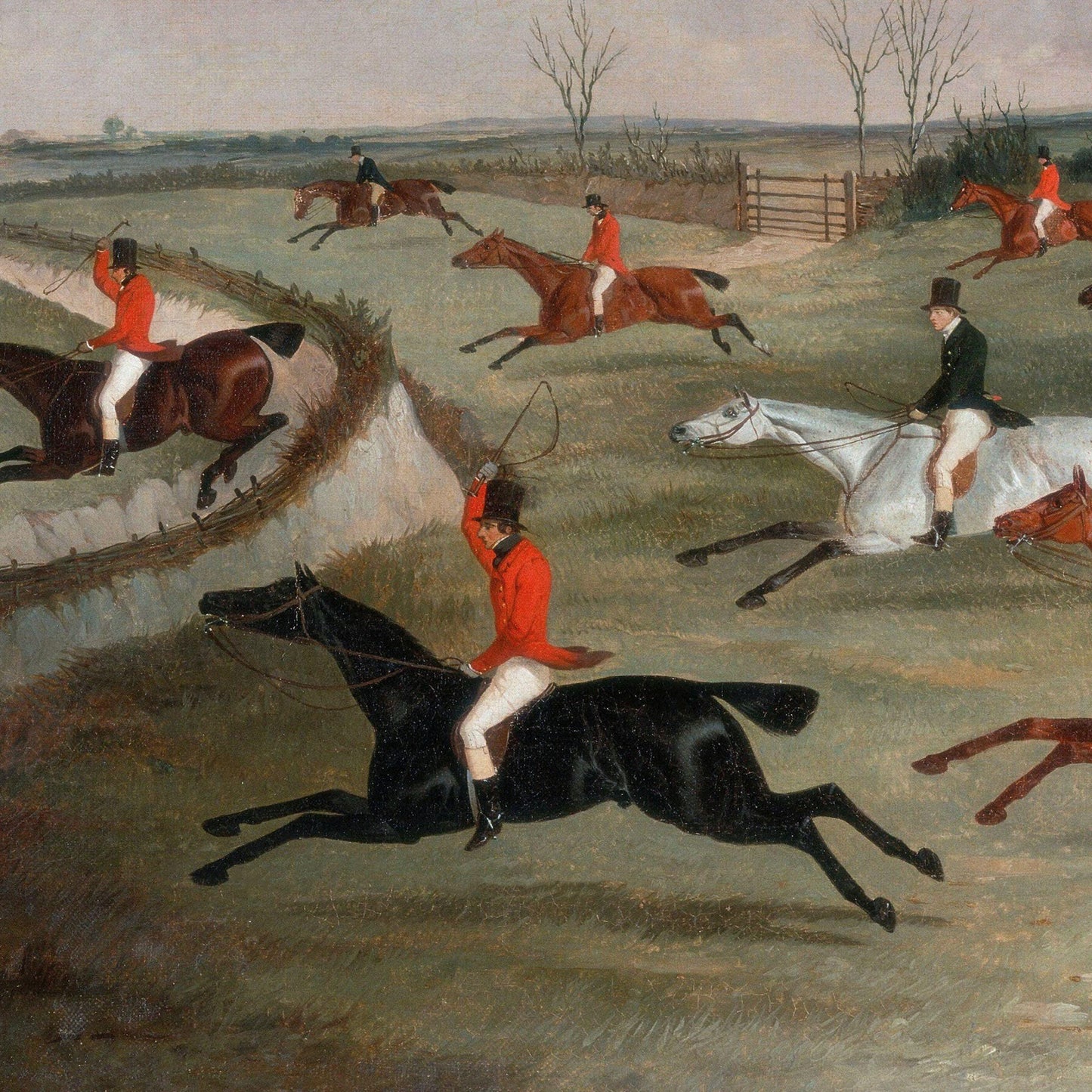 Painting of a horse race with jockeys on horses in an open field.