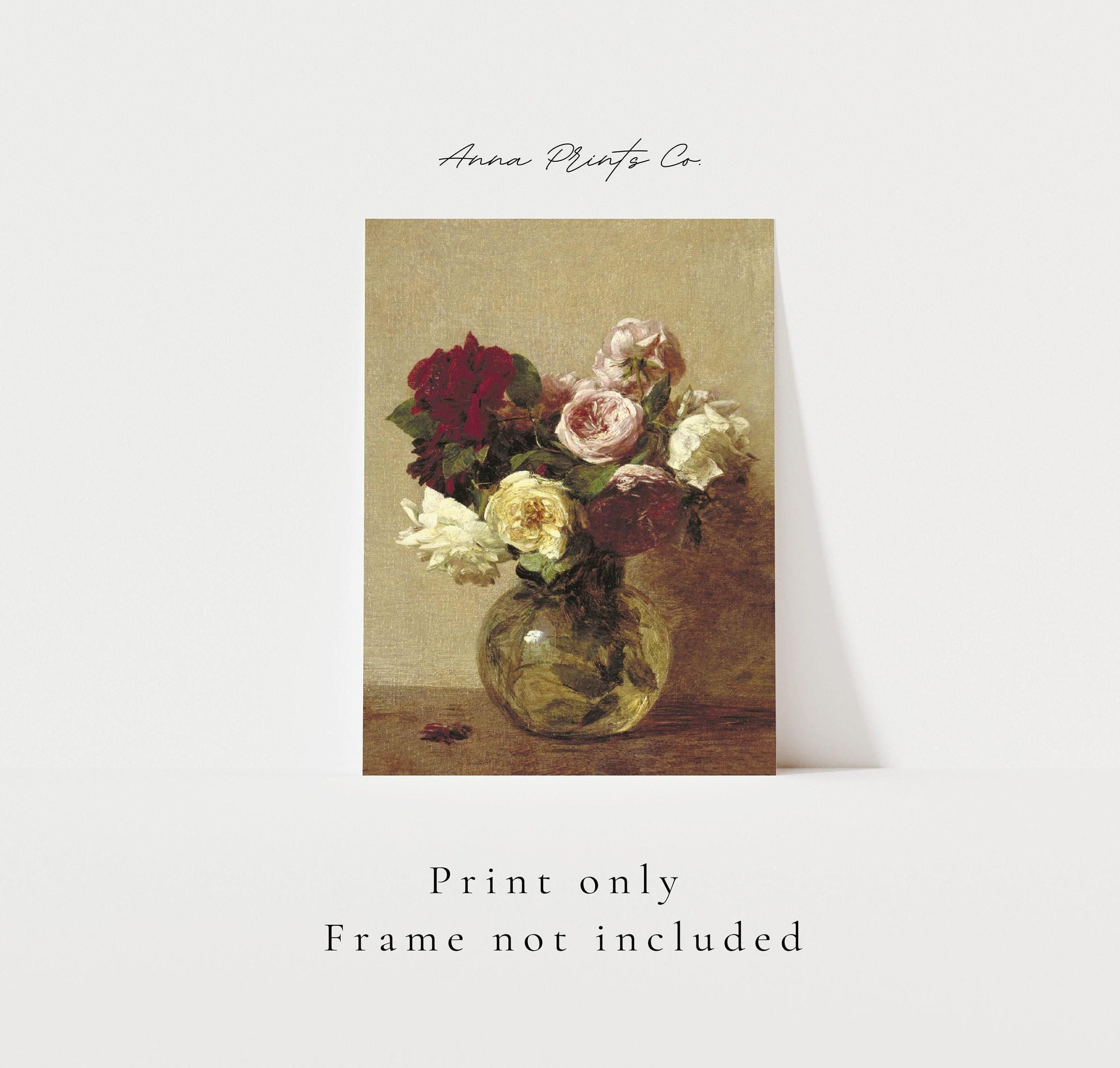 Vintage art print of Roses Cottage Floral Artwork with text overlay stating frame not included