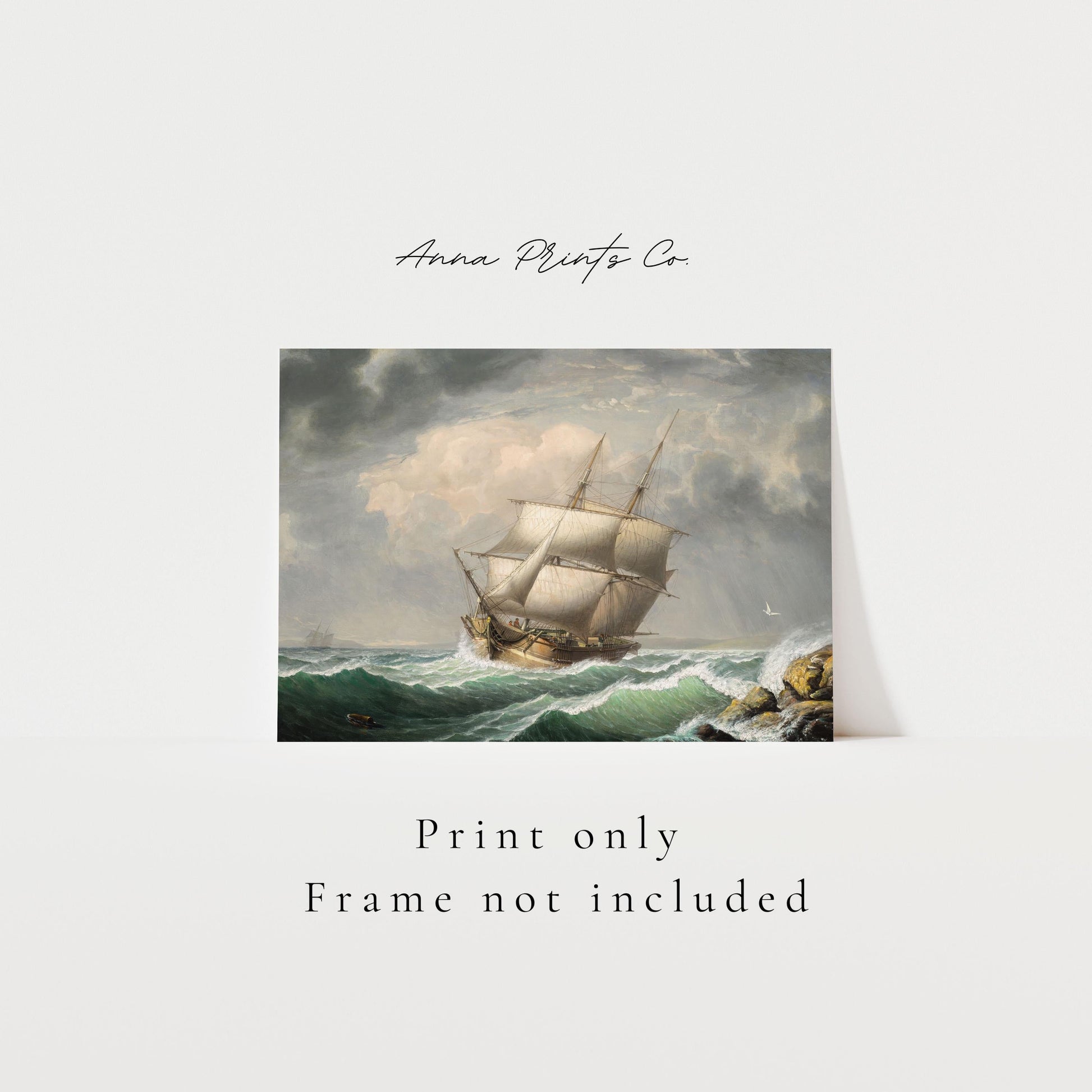 Vintage art print of Brig off the Maine Coast Ship Painting with text overlay stating frame not included