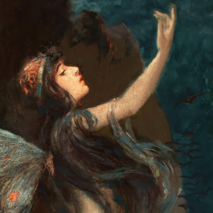 Artistic depiction of a fairy with butterfly wings against a dark background