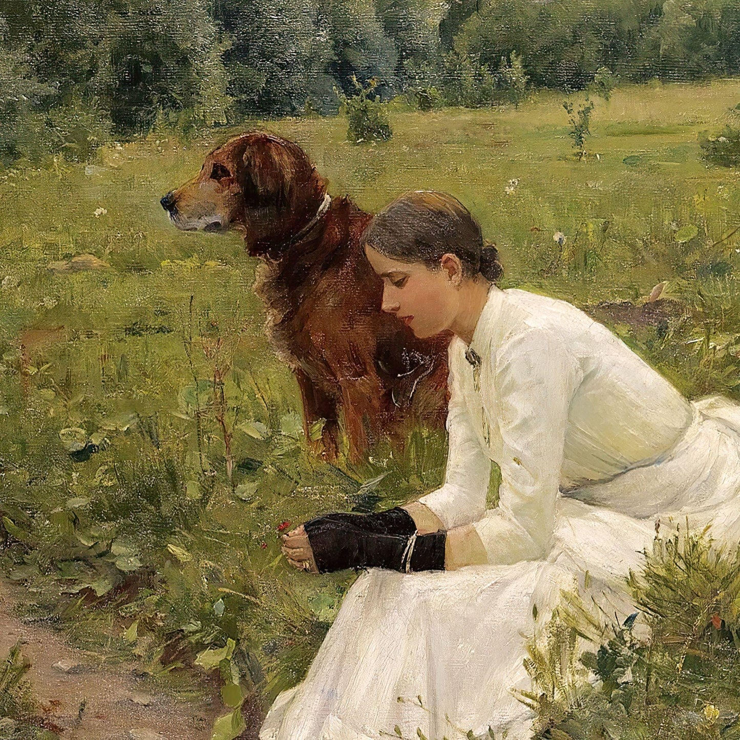 Woman in a white dress sitting on grass with a brown dog in a natural setting
