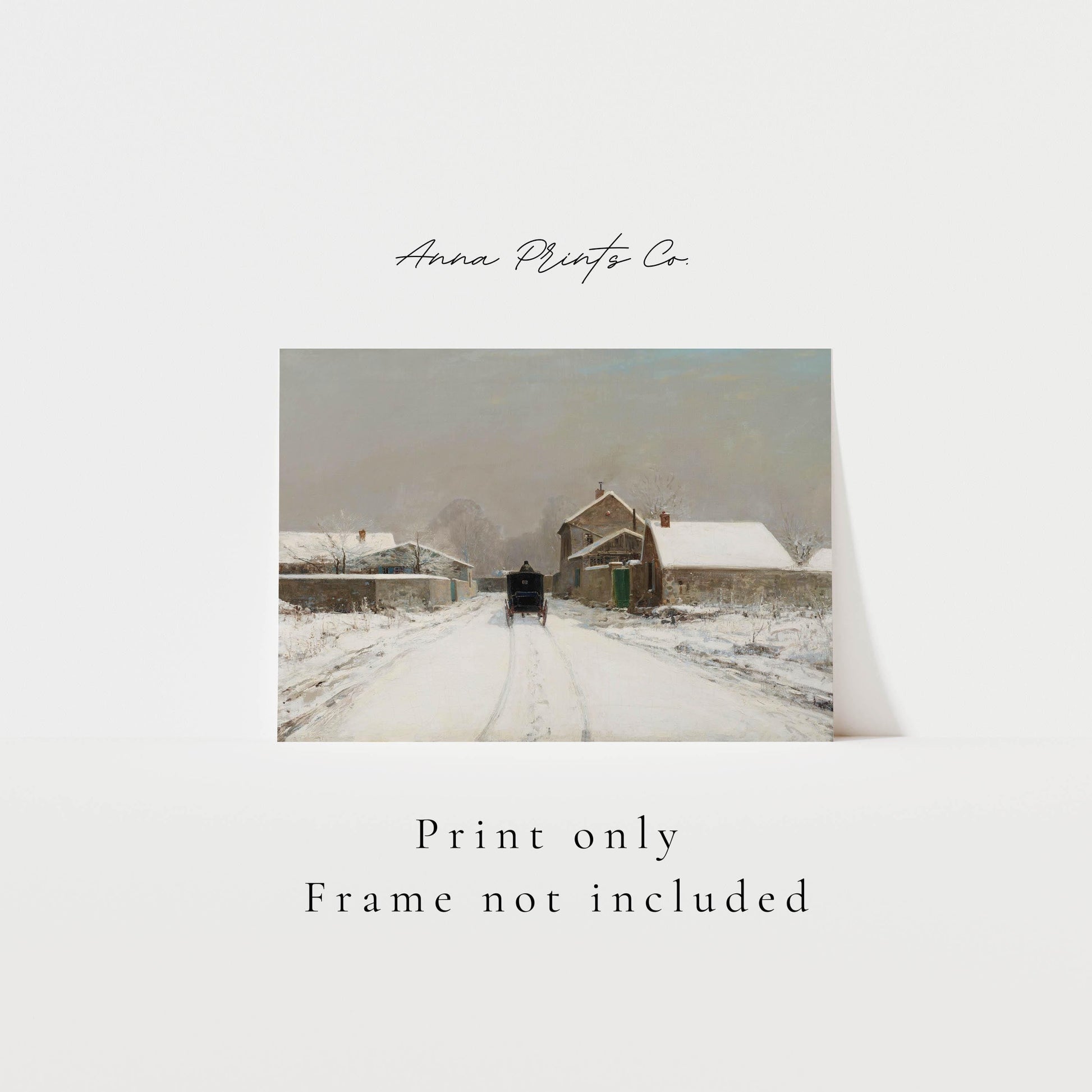 Vintage art print of European Winter Landscape with text overlay stating frame not included