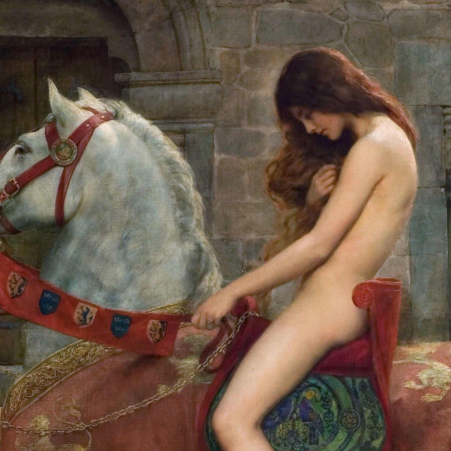Nude woman sitting on a horse with decorative reins in a stone-walled room