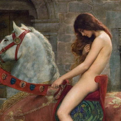 Nude woman sitting on a horse with decorative reins in a stone-walled room