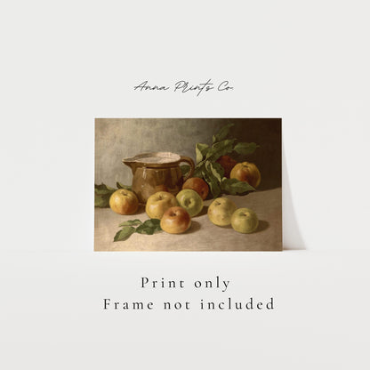 Vintage art print of Still Life with Apples Moody Artwork with text overlay stating frame not included