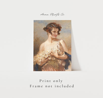 Vintage art print of Lady with Daisies Portrait Painting with text overlay stating frame not included