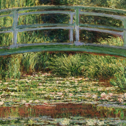 Painting of a bridge over water lilies with greenery