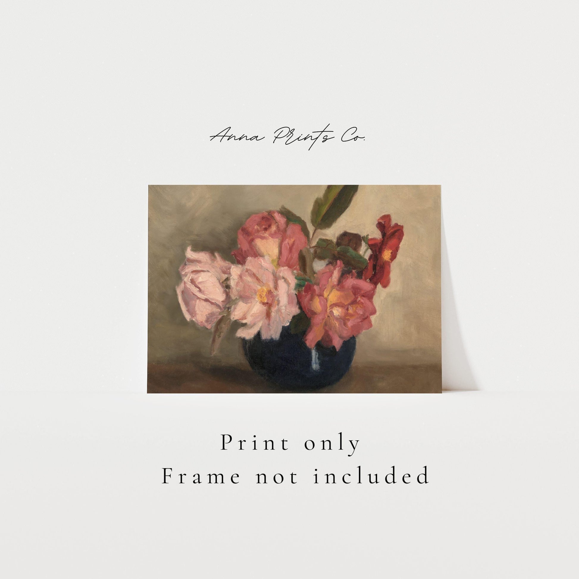 Vintage art print of Floral Still Life Antique Painting with text overlay stating frame not included
