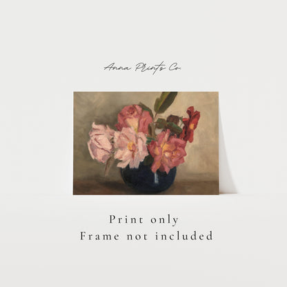 Vintage art print of Floral Still Life Antique Painting with text overlay stating frame not included