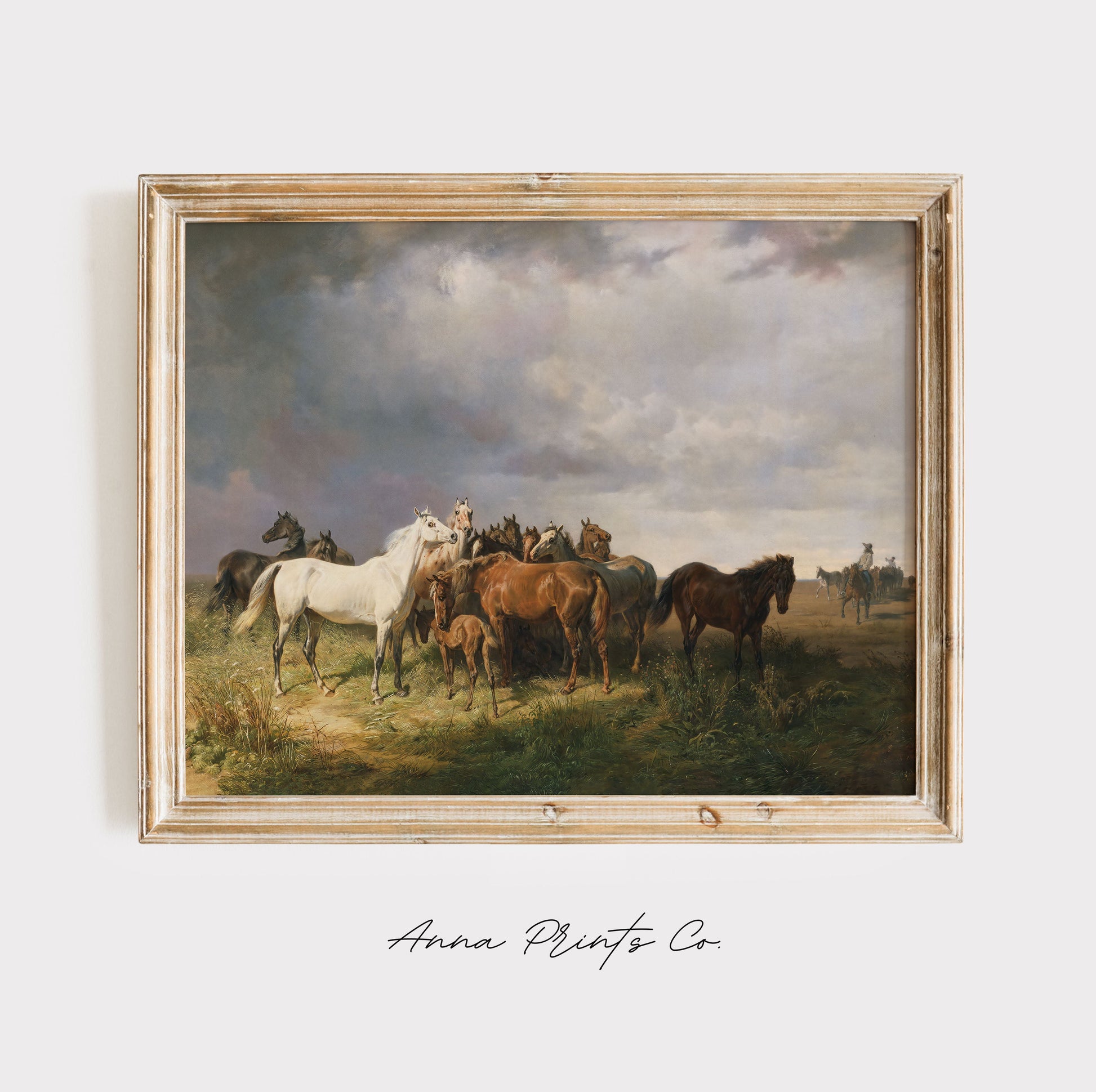 Vintage art print of Horses on the Puszta Landscape displayed in wooden frame