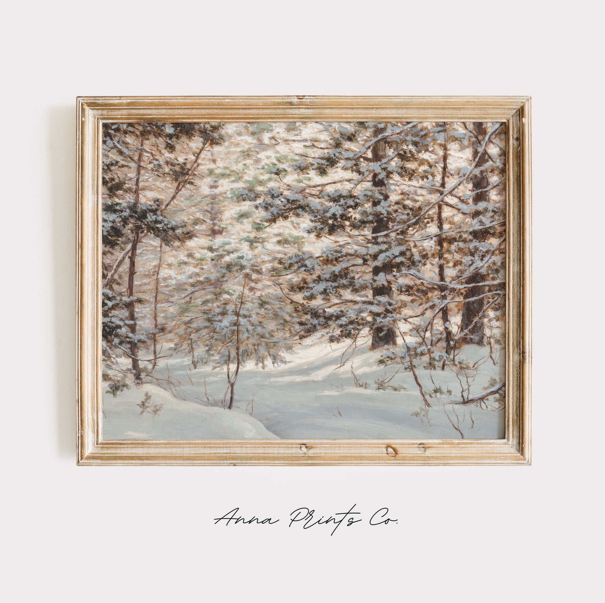 Vintage art print of Winter Pine Forest Landscape displayed in wooden frame