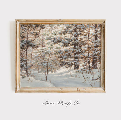 Vintage art print of Winter Pine Forest Landscape displayed in wooden frame