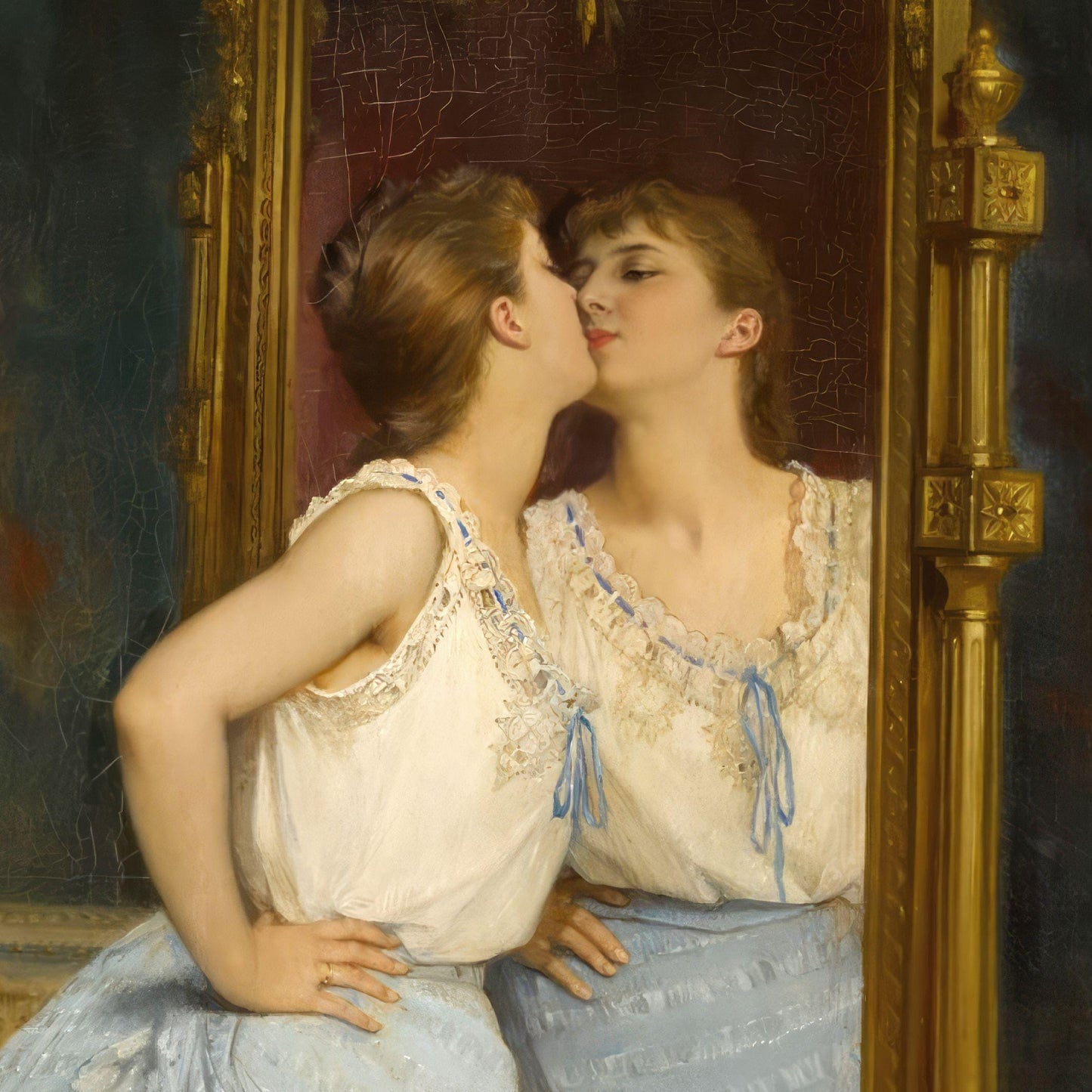 Painting of woman staring into mirror.