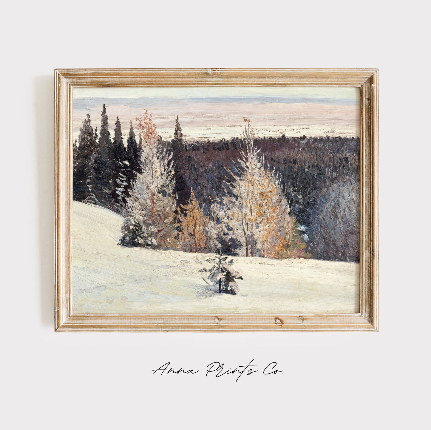 Vintage art print of Winter Snowy Forest Landscape displayed in wooden frame