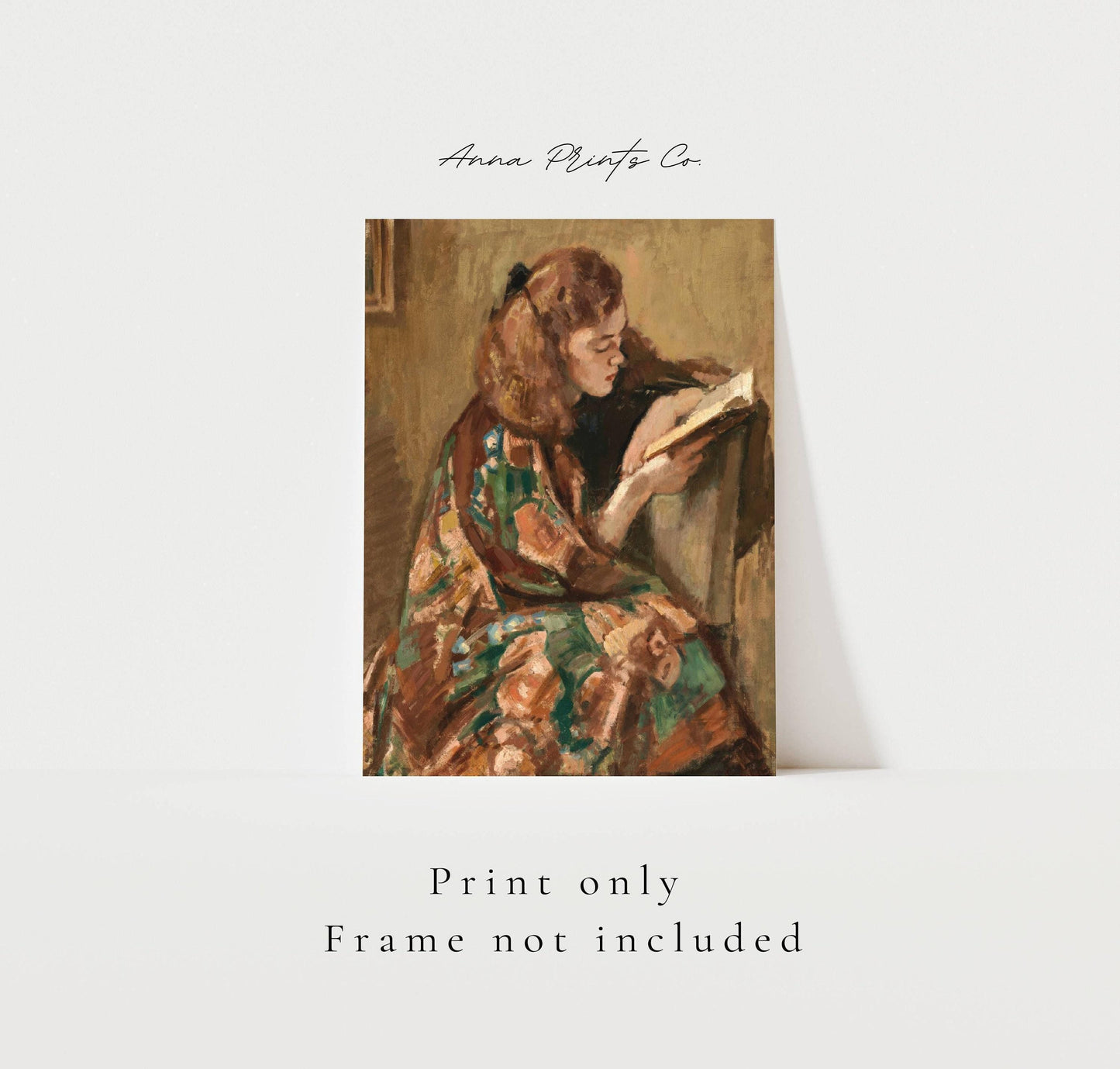 Vintage art print of Reading Girl Portrait Painting with text overlay stating frame not included