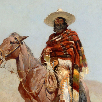 Painting of a man on horseback wearing a colorful poncho and hat, with a plain background.