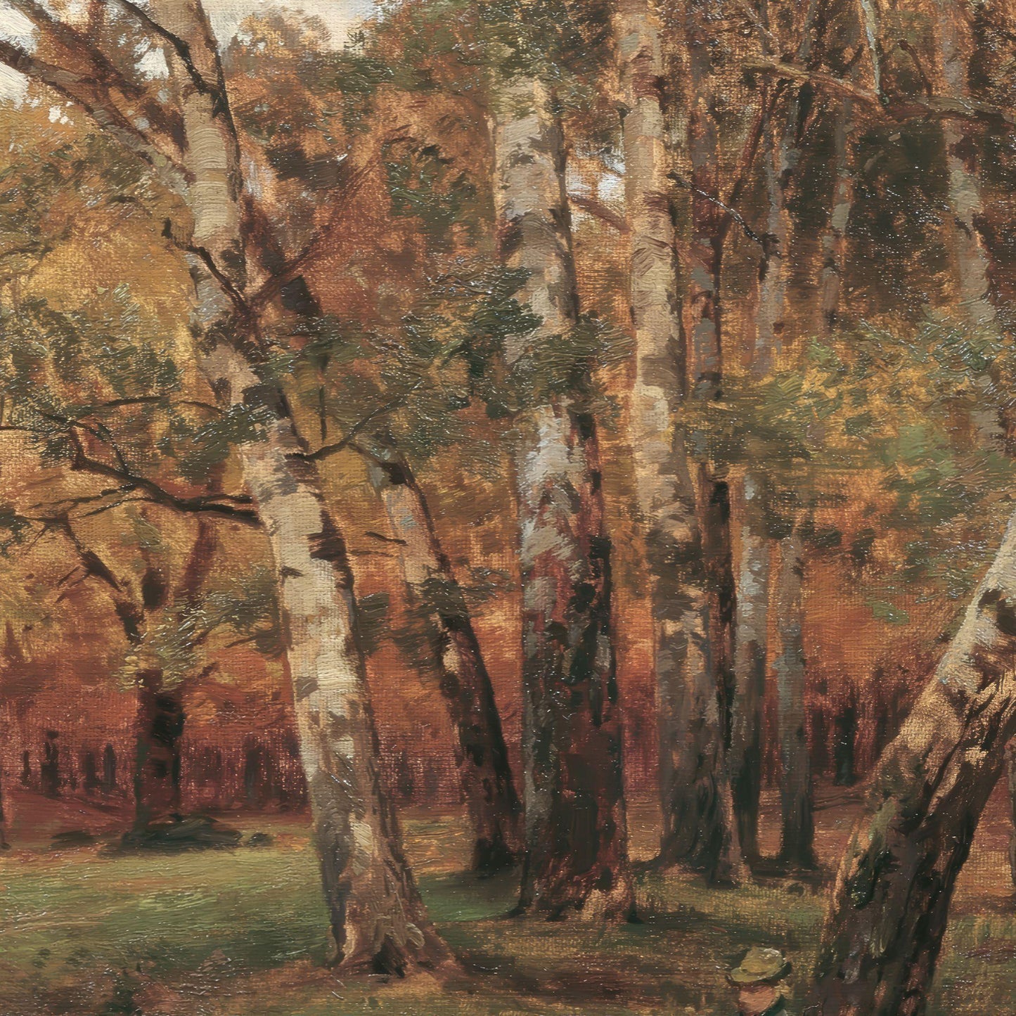 Painting of a forest scene with trees and a person in the distance.
