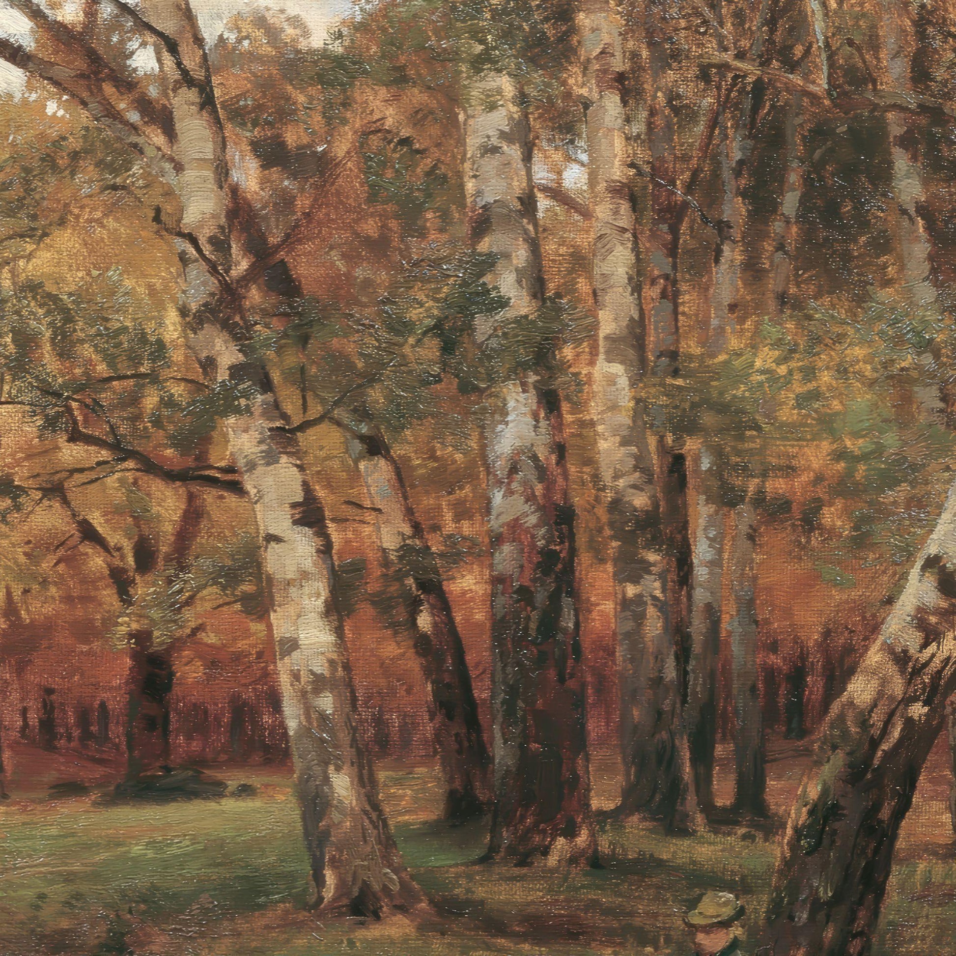 Painting of a forest scene with trees and a person in the distance.