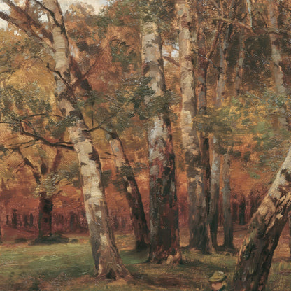 Painting of a forest scene with trees and a person in the distance.
