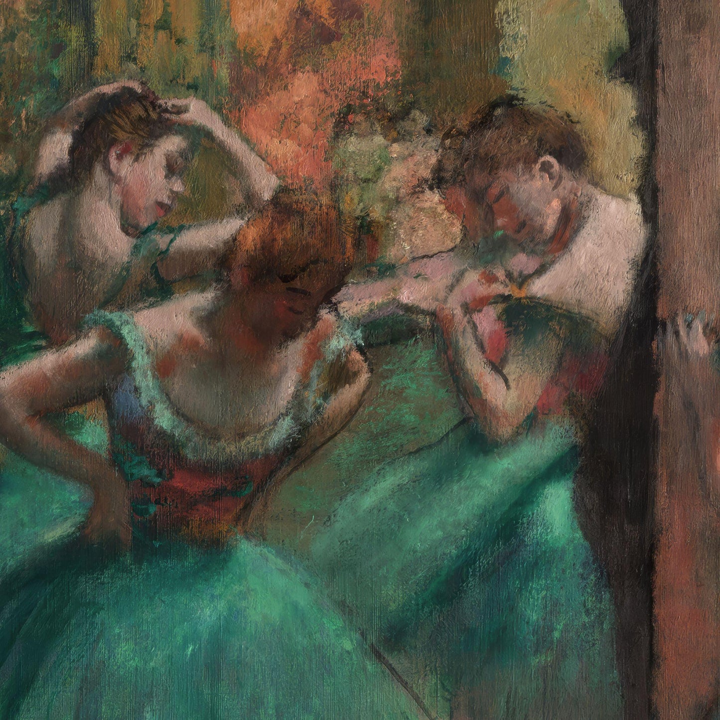 Artistic depiction of dancers in a studio setting with pastel colors.