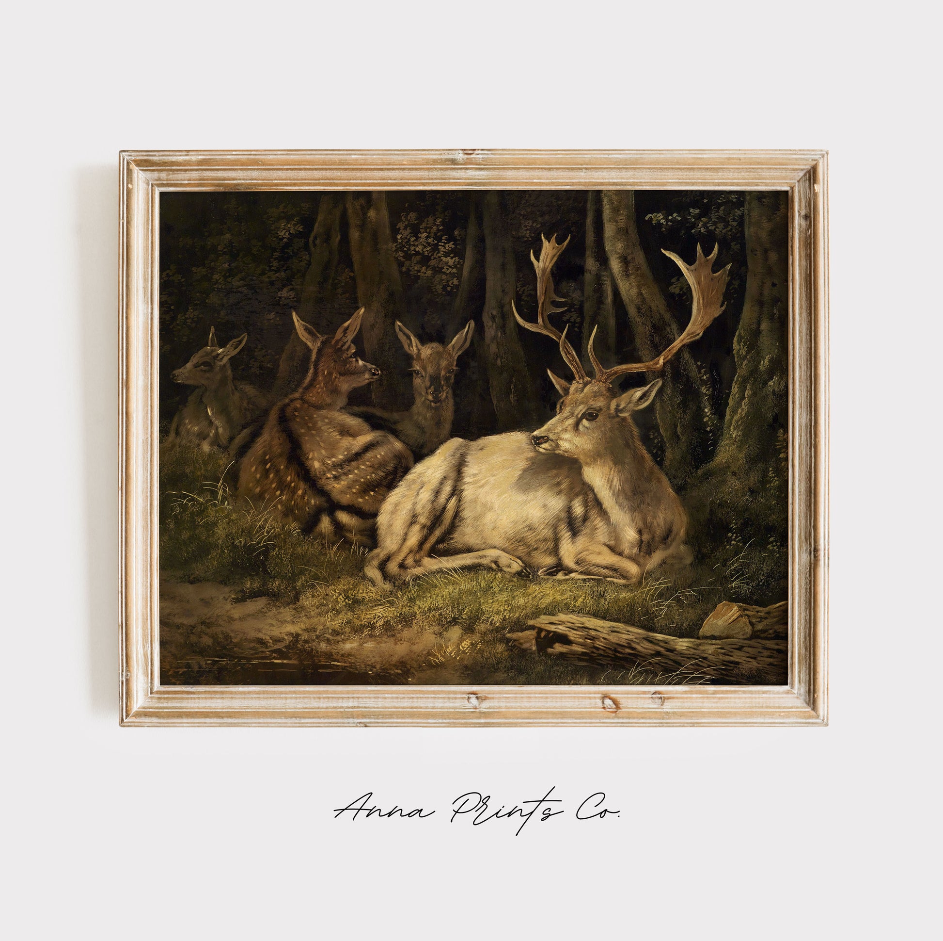 Vintage art print of Fallow Deer Moody Animal Artwork displayed in wooden frame