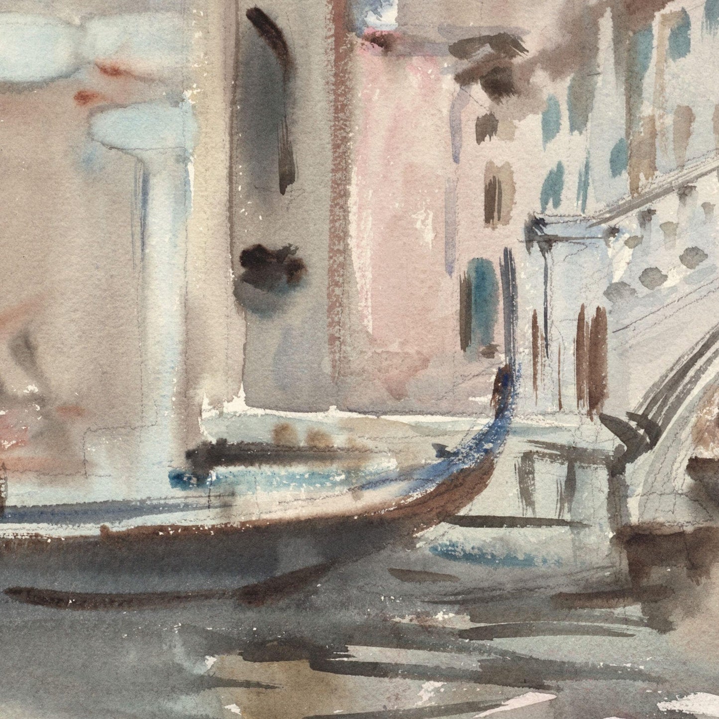 Watercolor painting of a canal scene with gondolas and buildings.