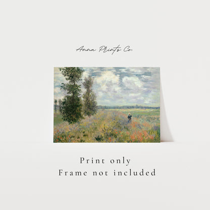 Vintage art print of Poppy Field near Argenteuil by Monet with text overlay stating frame not included