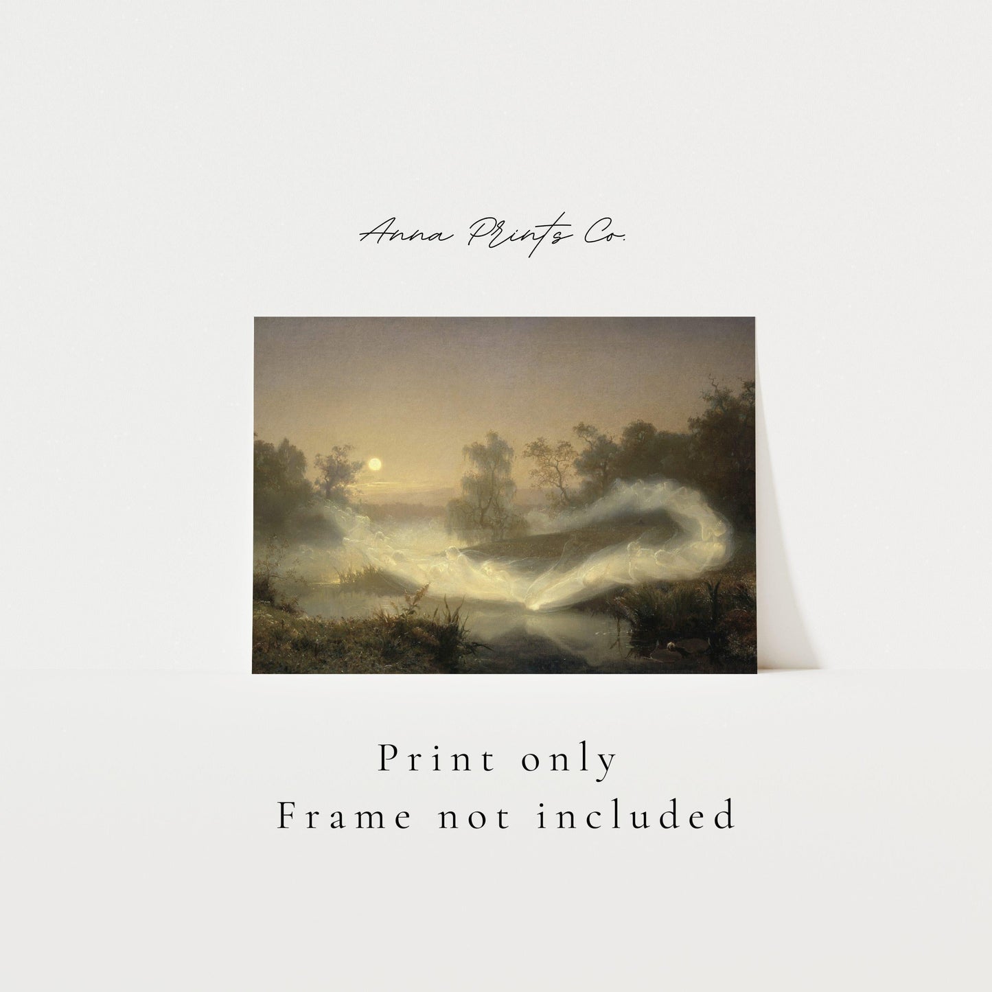 Vintage art print of Dancing Fairies by Malmstrom with text overlay stating frame not included